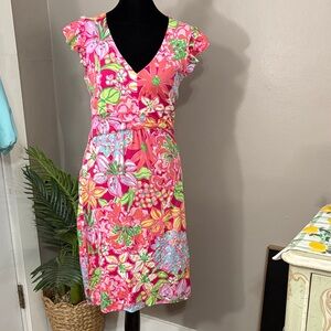 Lilly Pulitzer Pink and Green Floral Midi Silk Blend Dress size Small